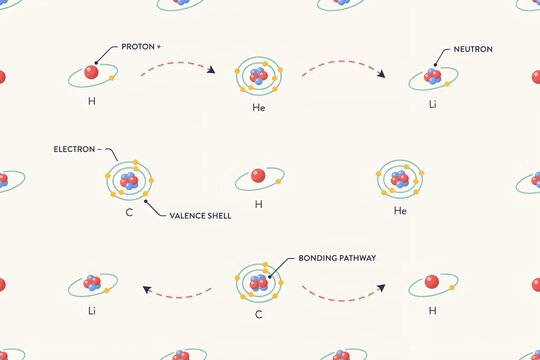 Scientific diagram showing atomic structures of hydrogen, helium, lithium, and carbon atoms with labeled protons, neutrons, and valence shells