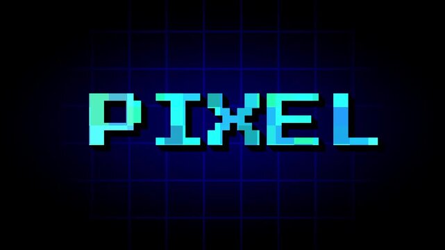 A bright cyan pixel font text displaying PIXEL in a retro digital game style on a dark blue background