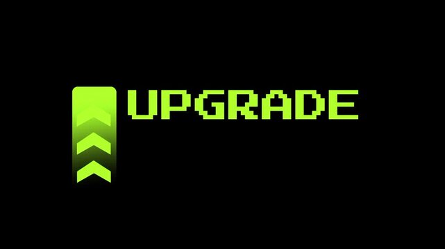 A bright green pixel font text displaying UPGRADE with upward arrow icons on a dark black background