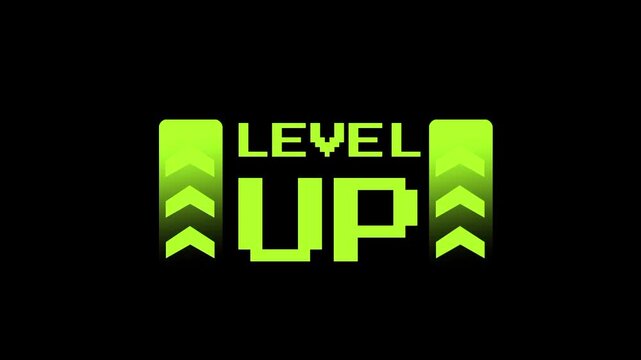 A bright green pixel font text displaying LEVEL UP with arrow icons on a dark digital game background