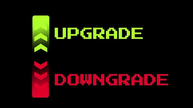 A combined green and red pixel font text displaying UPGRADE and DOWNGRADE with arrows on a dark background