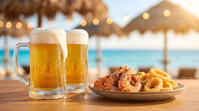 Two Frothy Beer Mugs with Crispy Fried Shrimp and Onion Rings on Wooden Table at Tropical Beach Bar Summer Background