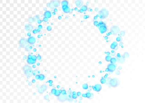 Abstract blue bokeh circles and blurry water bubble particles forming a round frame on transparent background. Graphic vector design