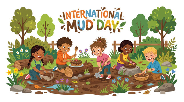 Children joyfully celebrating international mud day by playing and making mud pies in a garden setting