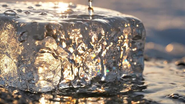 Macro Water Pouring Over Clear Ice Block in Golden Sunlight