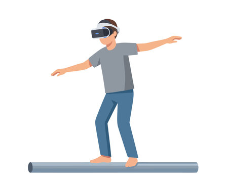 Man wearing a VR headset trying to balance on a horizontal pipe