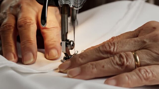 Close up of hands using a vintage sewing machine