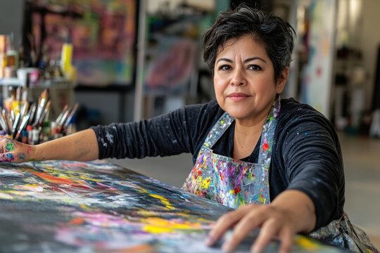 Hispanic woman artist painting on large canvas in studio with paint splatters on apron and scattered art supplies reflecting artistic passion and creative expression
