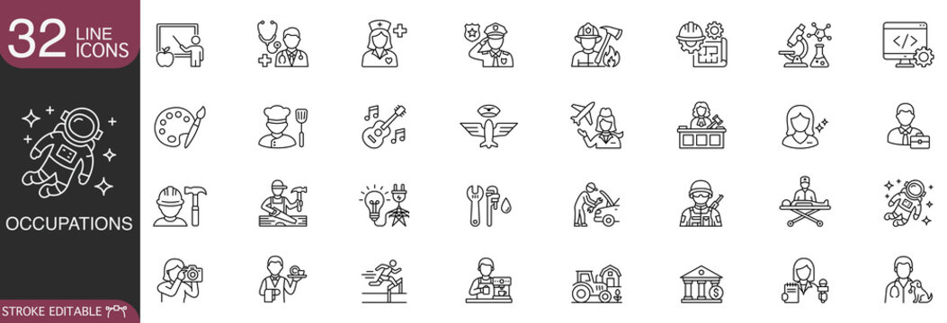 Professional occupations and diverse career characters line icon vector set, featuring various jobs, employment profiles, business staff, and worker avatars with editable stroke.