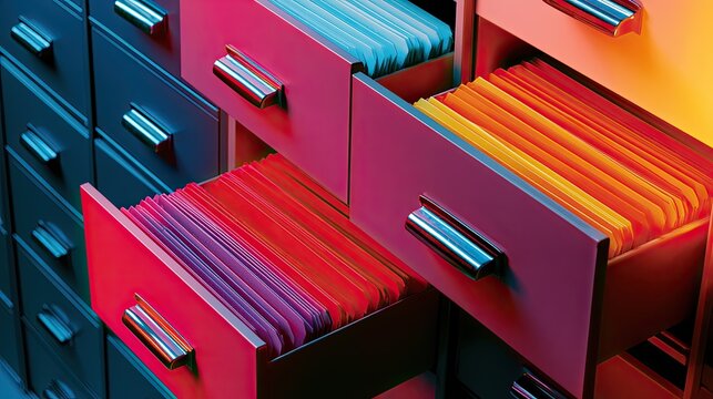 Rows of colorful file cabinet drawers, some open revealing folders