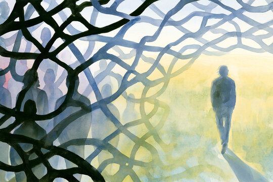 Person walking through tangled shadows toward open field at dawn emotional healing from codependency  