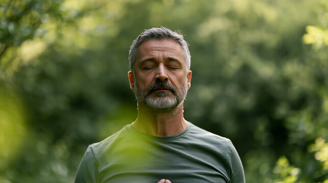 Phlegmatic man practicing breathing exercises in nature with closed eyes  