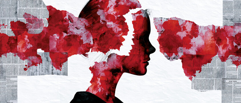 Abstract choleric temperament silhouette of woman with red watercolor splashes in background  
