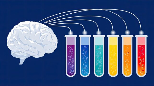 A brain connected by tubes to colorful, bubbling test tubes