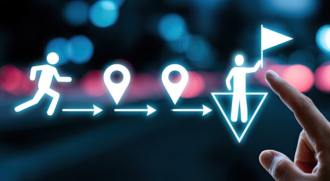 A glowing digital path shows progress from a runner to a finish flag, touched by a finger
