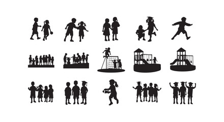 Obraz premium Collection of black silhouettes featuring graduation students children playing and using playground equipment sets.
