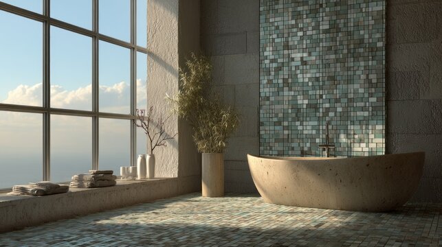 Modern bathroom with stone bathtub and large window overlooking the sea.