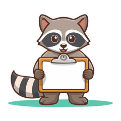 Obraz premium Cute cartoon raccoon holding blank sign