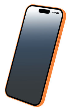 Modern smartphone vector device mockup in perspective angle; isolated isometric orange mobile phone template with dark gradient screen and UI status bar