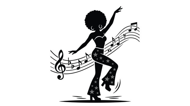 Black vector illustration of a disco dancer featuring an afro hairstyle and stylish star pants