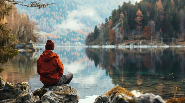 Person sitting quietly beside calm lake with peaceful natural reflections on water surface, emotional balance and inner peace concept for mindfulness meditation wellness.
