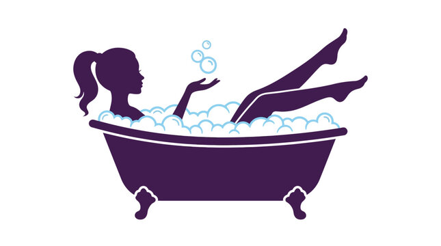 Minimalist vector illustration showing a woman relaxing in a bathtub filled with white soapy bubbles