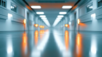 Fototapeta premium Futuristic, sterile, long corridor with glowing orange lights and reflections