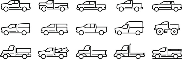 Obraz premium Pickup Trucks and Light Commercial Vehicles Line Icons Set, Transportation, Utility, Off-Road, Towing, Cargo, and Flatbed Vector Symbols for Automotive, Delivery, and Hauling Concepts.
