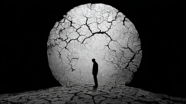 Silhouette of person standing alone under collapsing cracked globe above, symbolic of life shattered after losing loved one. Grief, heartbreak, and symbolic despair concept. Psychological trauma.