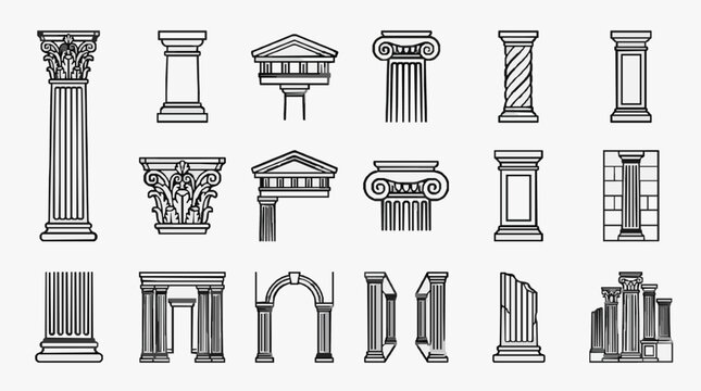 Sleek Black and White Collection of Classical Architectural Columns Pediments and Structures for Designers and Architects