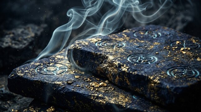 Heavy dark stone blocks embedded with shimmering golden flakes and glowing circular runic symbols releasing mysterious wisps of smoke in dim lighting with rough texture and deep charcoal tones.