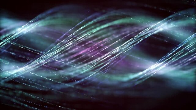 A high-resolution abstract background featuring dynamically moving waves of glowing particles.