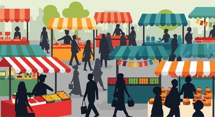 Obraz premium A lively market scene with people shopping under colorful stalls