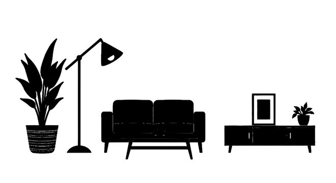 Minimal black silhouette icon, simple flat vector, bold black shape, no, no shading modern living room furniture silhouette set on a, flat icon style