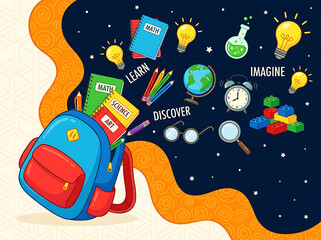 Naklejka premium Vibrant illustration of a school backpack with educational elements and supplies floating out