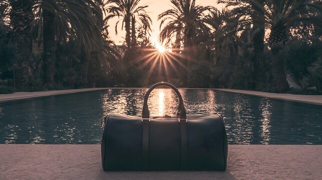 Luxury leather duffle bag by a swimming pool at sunset