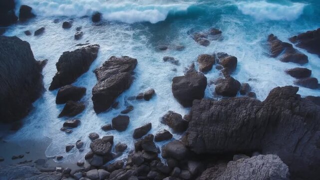 Aikawa coastline aerial view of waves crashing against dark sea rocks