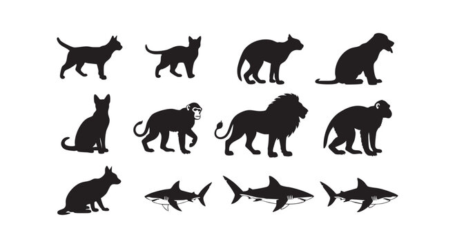 Collection of diverse animal silhouettes including cats lions monkeys and sharks for wildlife or zoo themes.
