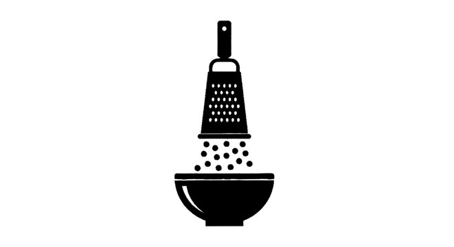 Minimal black silhouette icon, simple flat vector, bold black shape, no, no shading grater with grated food falling into a bowl icon on a, flat icon style