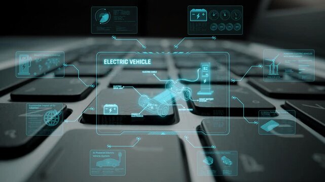 Technical layout of electric vehicle showing battery system, power control, traction motor, charging interface, and integration with renewable and smart energy sources Marrow