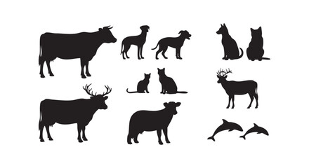 Fototapeta premium Collection of various animal silhouettes featuring cows, dogs, cats, deer, and dolphins on white background.