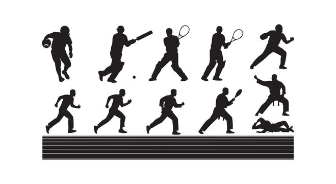 Collection of sports silhouettes featuring athletes in football cricket tennis karate and running on white background with stripes.