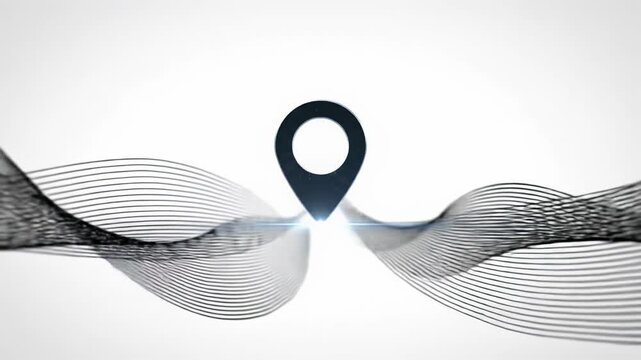 elegant black abstract lines resolve into a glowing digital location pin on an immaculate white void background, with a dolly-in camera video. concept of precision and innovation