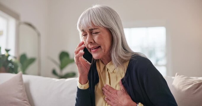 Phone call, telehealth or old woman in home with chest pain, sick or discussion in online consultation. Discomfort, flu or senior person with tech, lung infection or health advice on digital platform