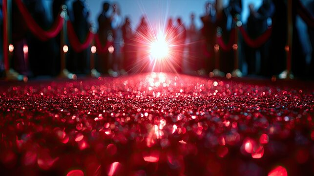 Glittering red carpet event with paparazzi flash and blurred silhouettes