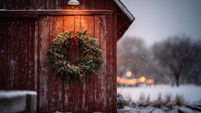 Cozy holiday wreath illumination on a red barn amid a quiet farm landscape