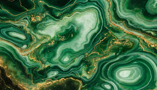 Emerald green malachite mineral with intricate swirling patterns and golden veins, abstract luxury background with rich texture and organic flow, natural stone art for opulent design projects.