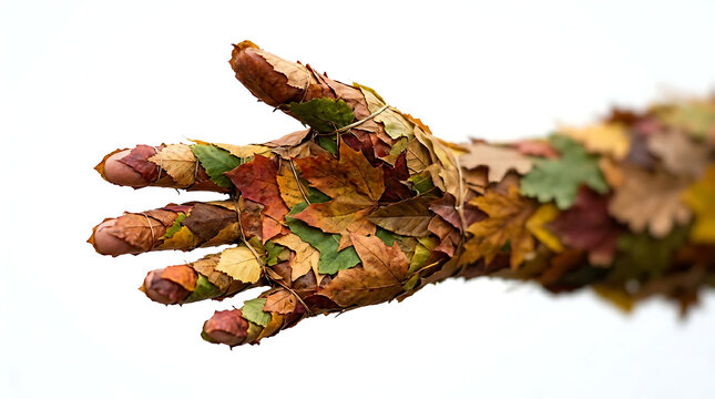 Human Arm and Hand Covered in Colorful Autumn Leaves Isolated on White Background