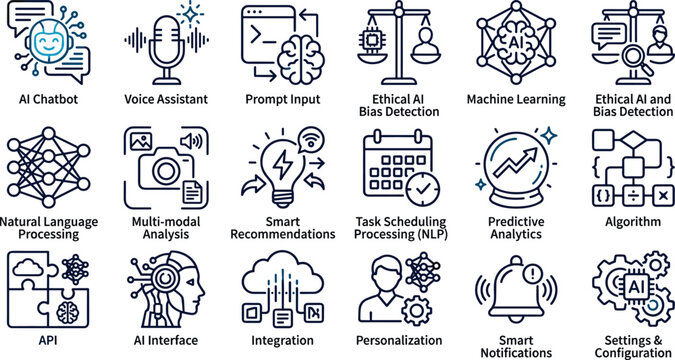 Artificial intelligence and machine learning line icon set featuring chatbot voice assistant prompt input predictive analytics for business software interface design