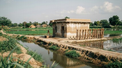 Fototapeta premium Farmhouse sits beside a narrow irrigation canal surrounded by green fields in a remote rural countryside landscape.